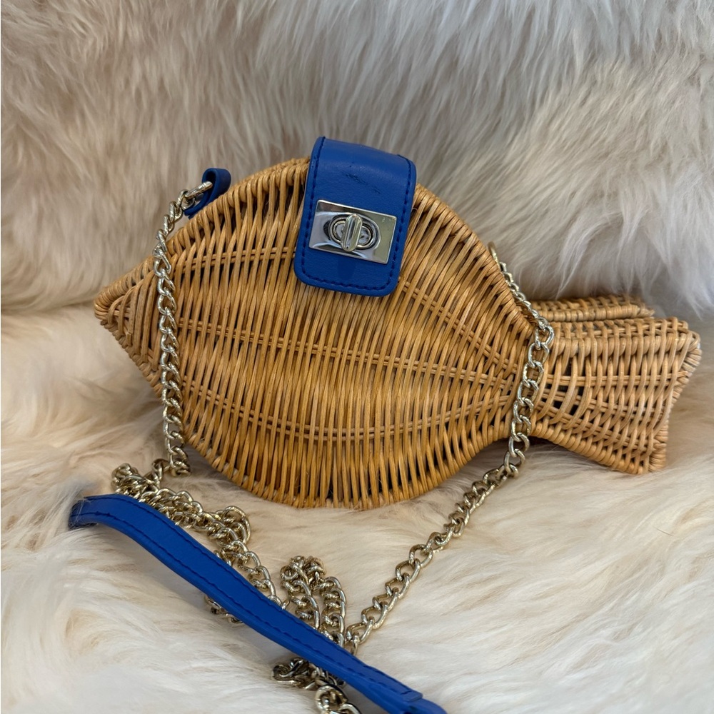 Talbots Wicker and BlueLeather Fish Crossbody Bag